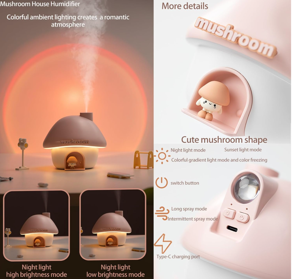 Cartoon Air Humidifier 300ml Mini Essential Oil Aroma Diffusers Colorful Lighting Cute Mushroom House Home Ultrasonic Humidifier
